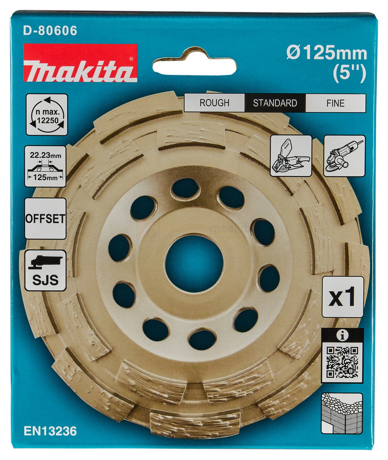 Pildil on Makita teemantlihvketas 125 x 22,23 mm, 2-realine, mis on pakendatud ja millel on näha erinevad tehnilised andmed.