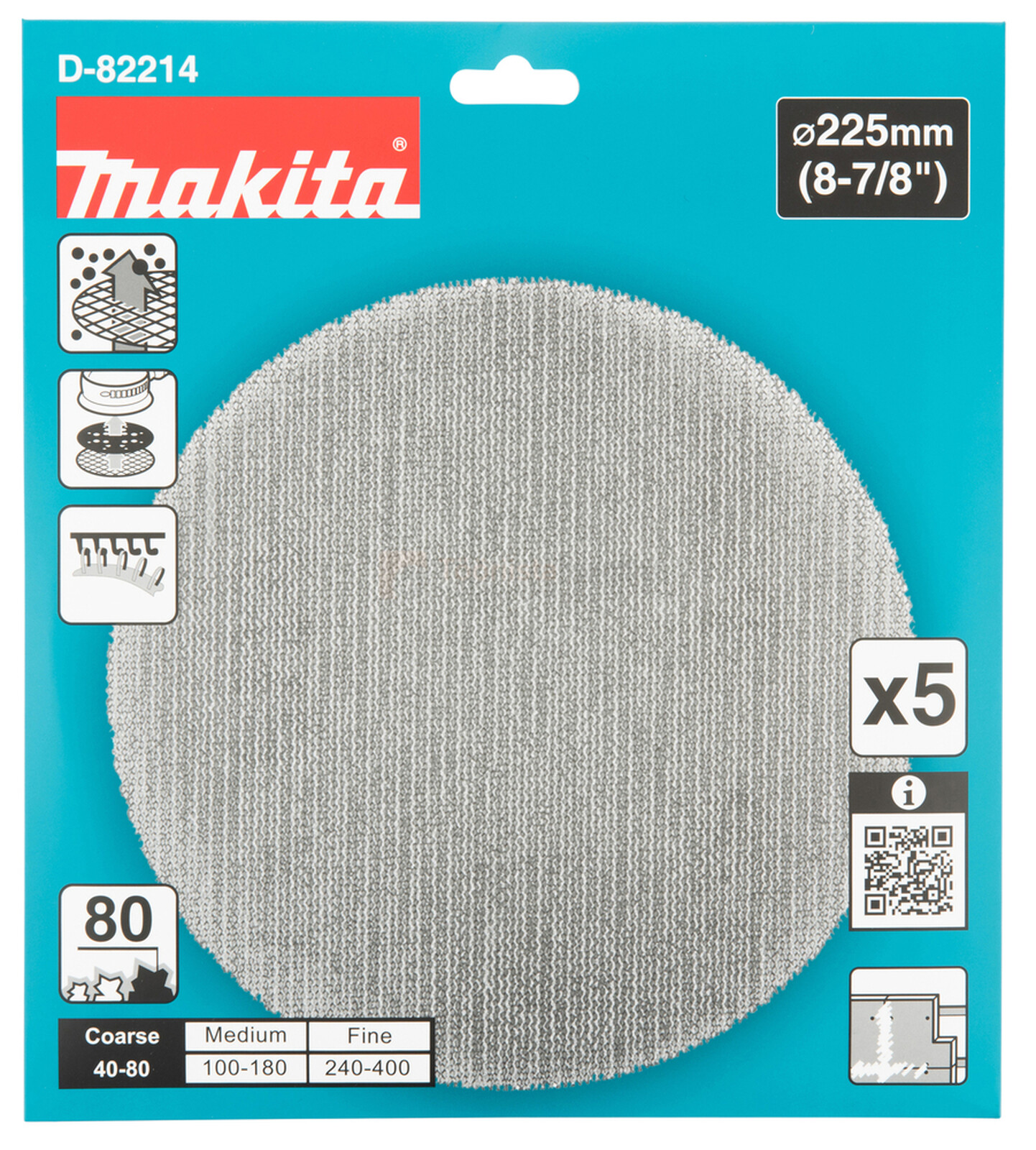 Pildil on Makita lihvvõrk 225 mm, mis on pakitud viie kaupa.