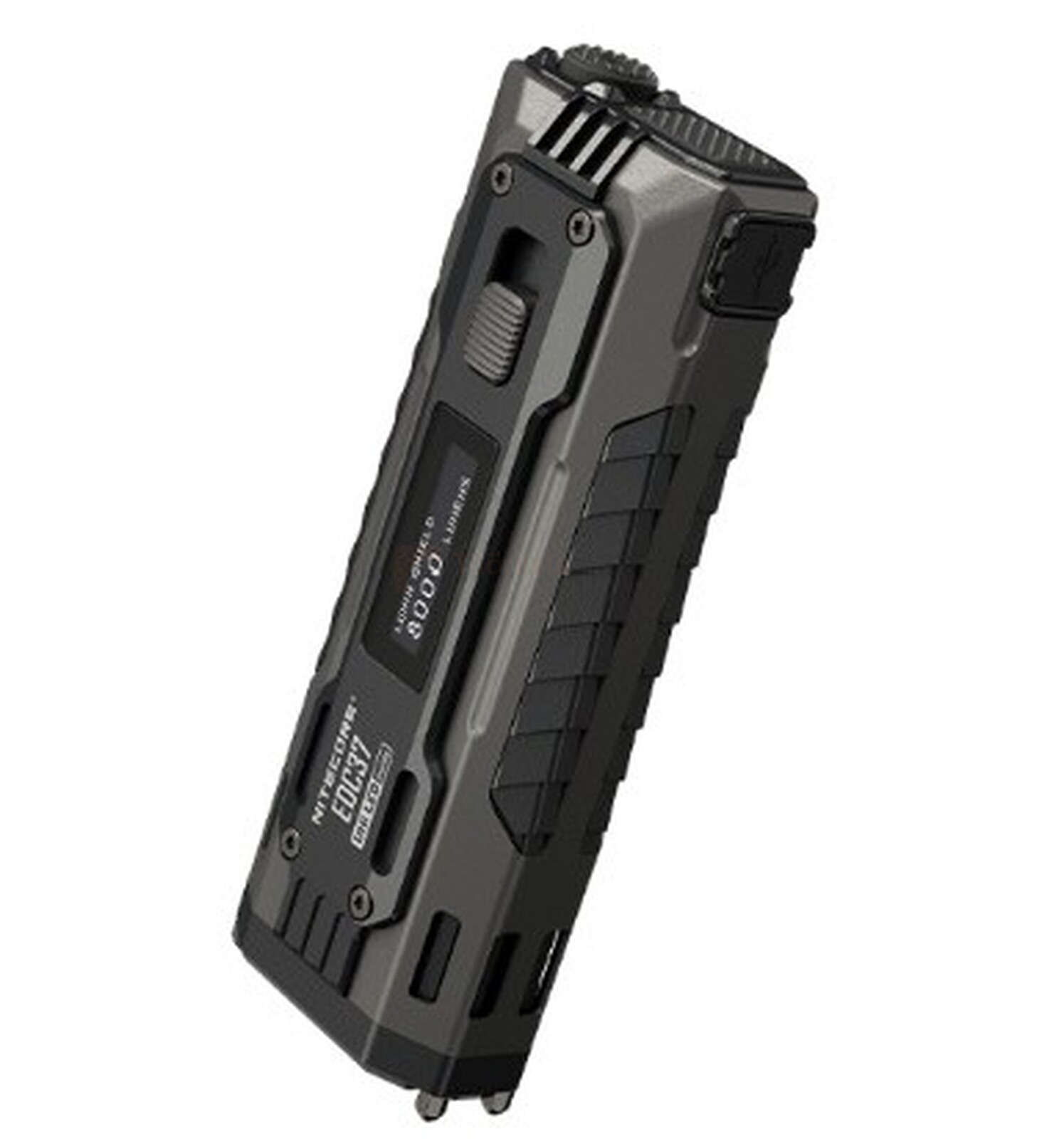 Pildil on NITECORE EDC37 taskulamp, millel on ekraan ja mis näitab 8000lm valgustugevust.