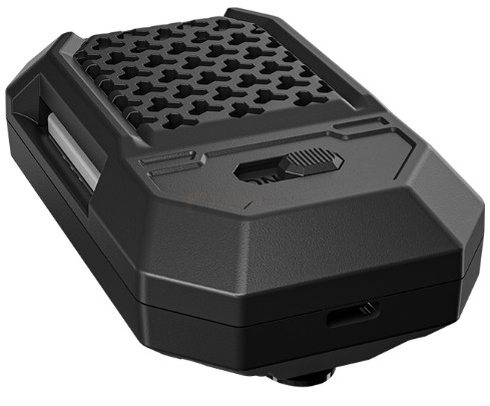 Pildil on must NITECORE EMR15 kaasaskantav elektrooniline mitmeotstarbeline tõrjevahend, millel on USB-C ühendus, võre...