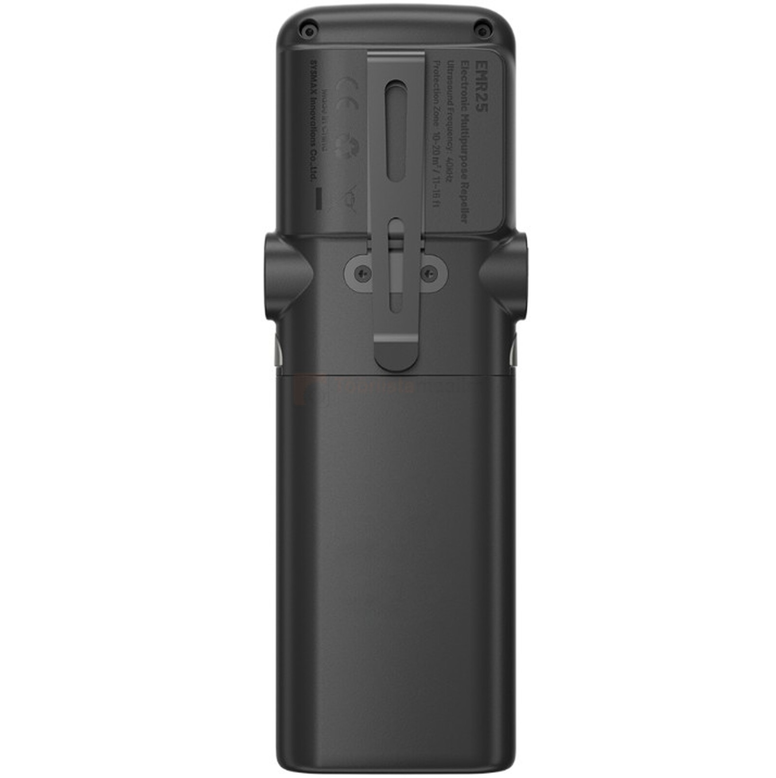 Pildil on musta värvi NITECORE EMR25 elektroonilise putuka- ja kahjuritõrjevahendi tagakülg, millel on kinnitusklamber ja...