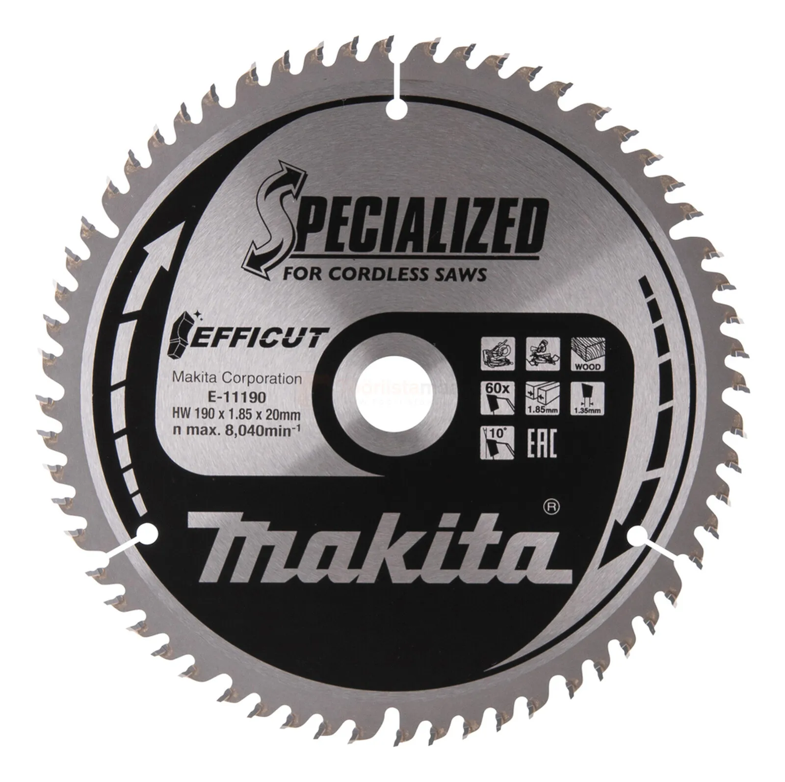 Pildil on Makita EFFICUT saeketas E-11190, mille läbimõõt on 190 mm ja 60 hammast.