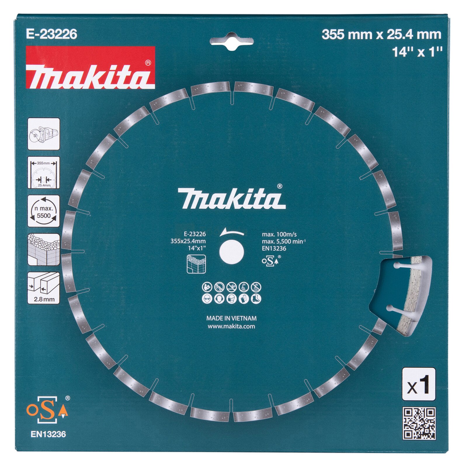 Pildil on Makita teemantlõikeketas mõõtudega 355x25,4mm, mis on pakendatud ja valmis kasutamiseks.