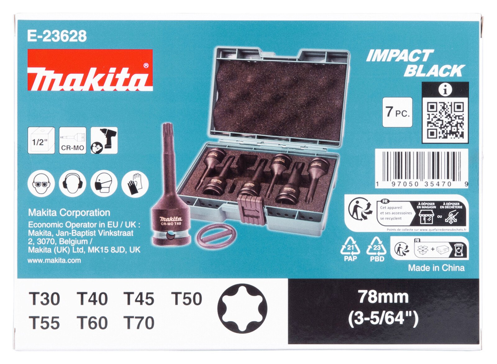 Pildil on Makita löökpadrunotsakute komplekt IMPACT BLACK 1/2" TX30-TX70, 7-osaline, mis on pakitud karpi ja sisaldab...