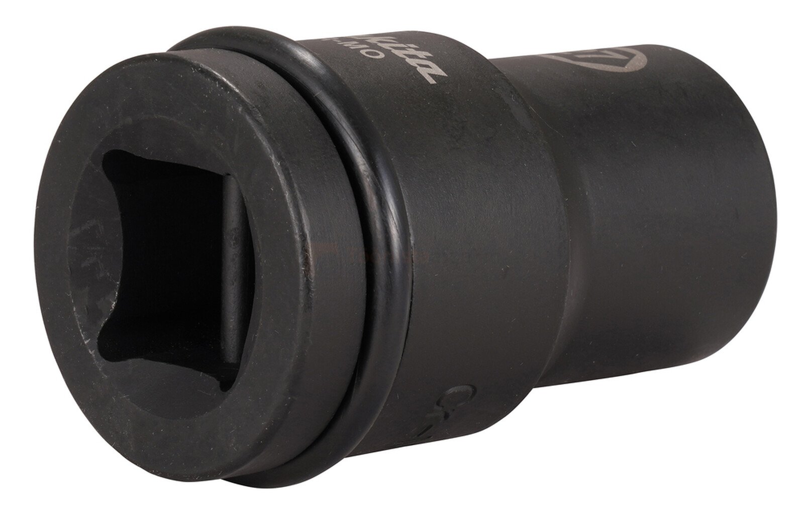 Pildil on must Makita löökpadrun 1", pikk, millel on ruudukujuline ava ja silindriline kuju.