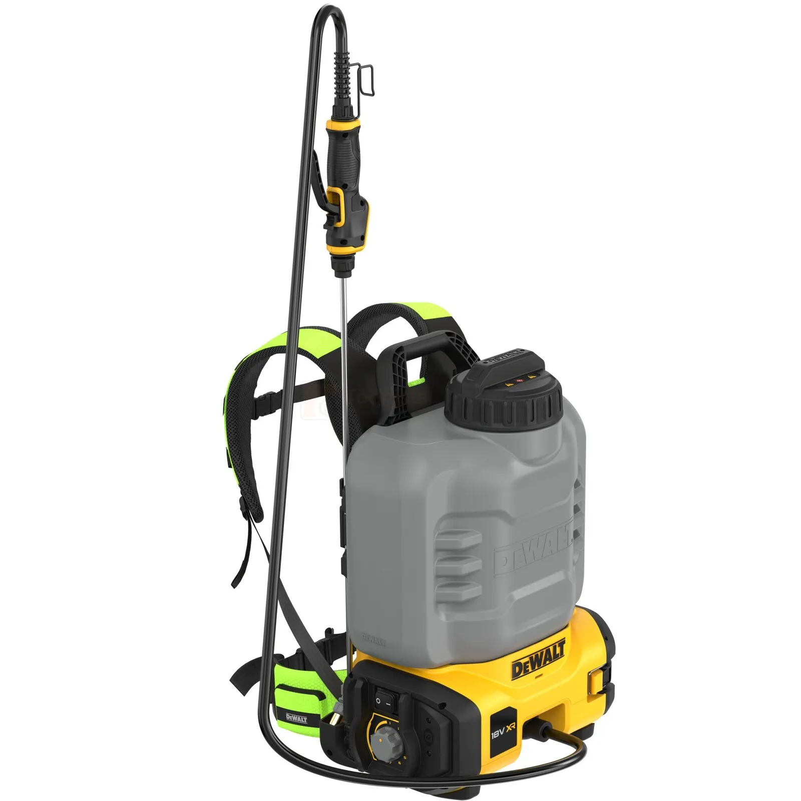 Pildil on Dewalt akutoitel kemikaalipihusti DCCS1100N, millel on seljakoti disain vedeliku pumpamiseks ja pihustamiseks.