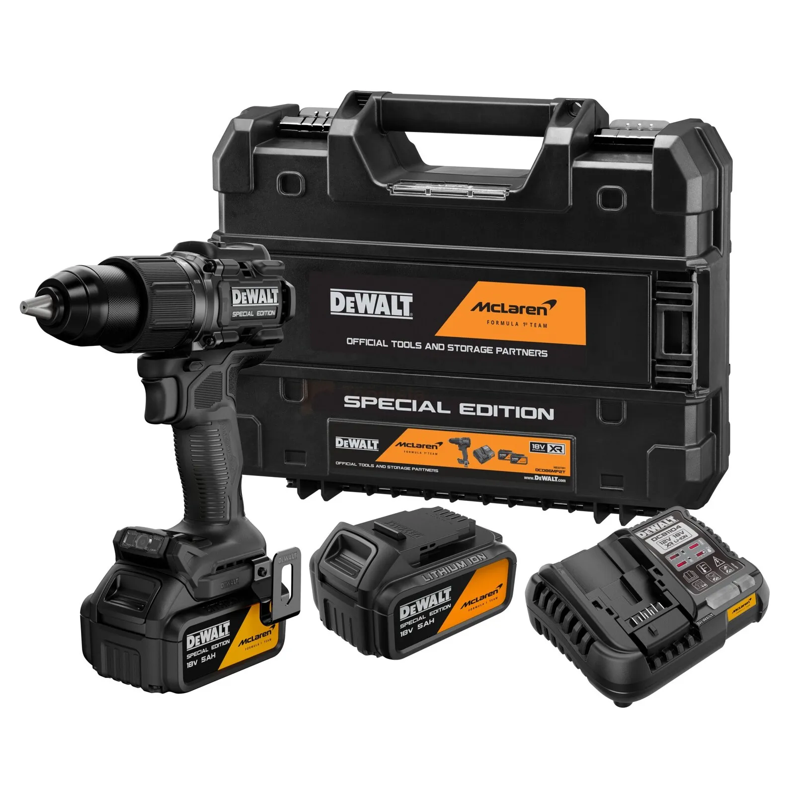 Pildil on näha DeWalt akulööktrell DCD86MP2T McLaren F1 Team Special Edition koos kahe akupaketi, laadija ja spetsiaalse...