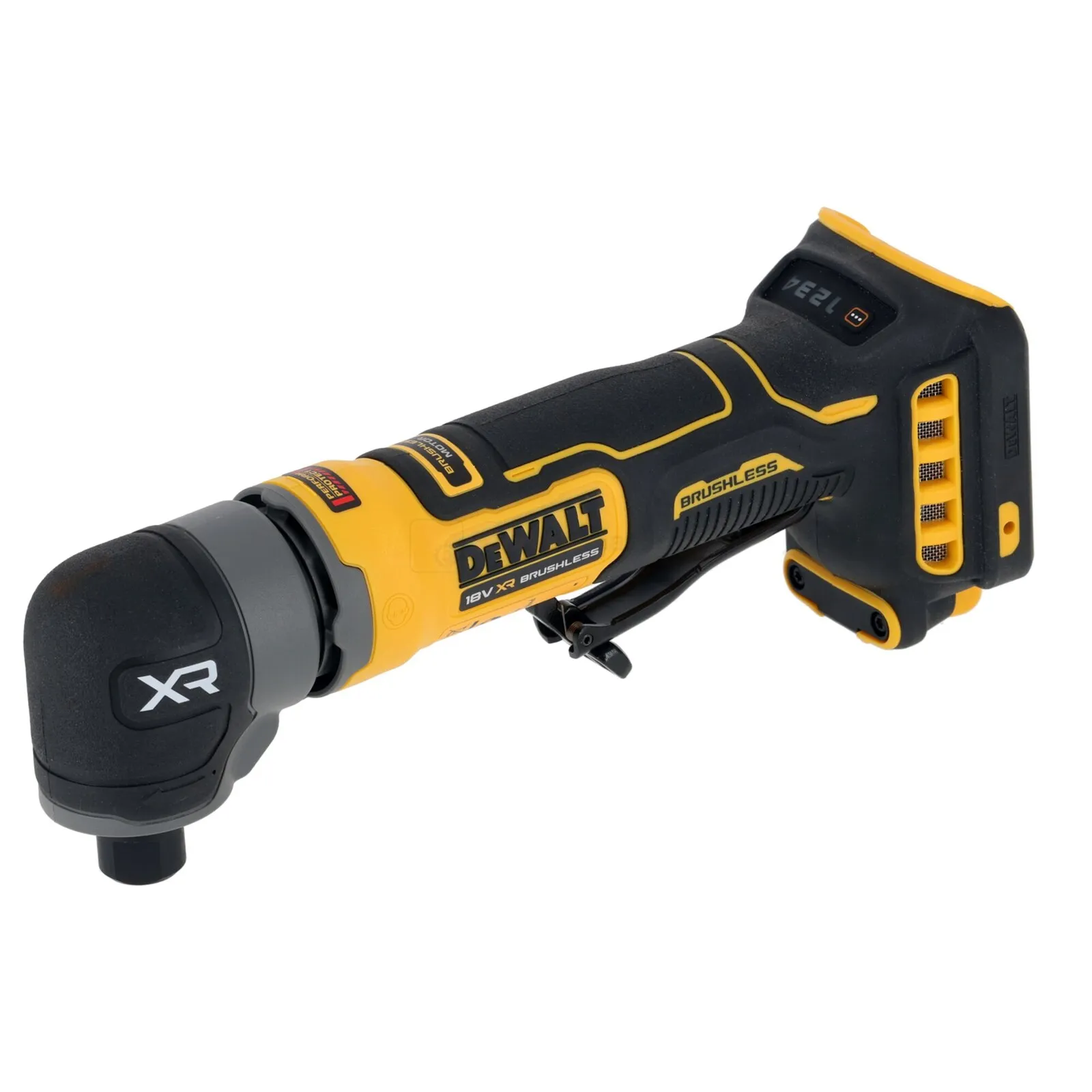 Pildil on näha DeWalt akuotslihvija DCG421N, mis on must-kollane elektriline tööriist.