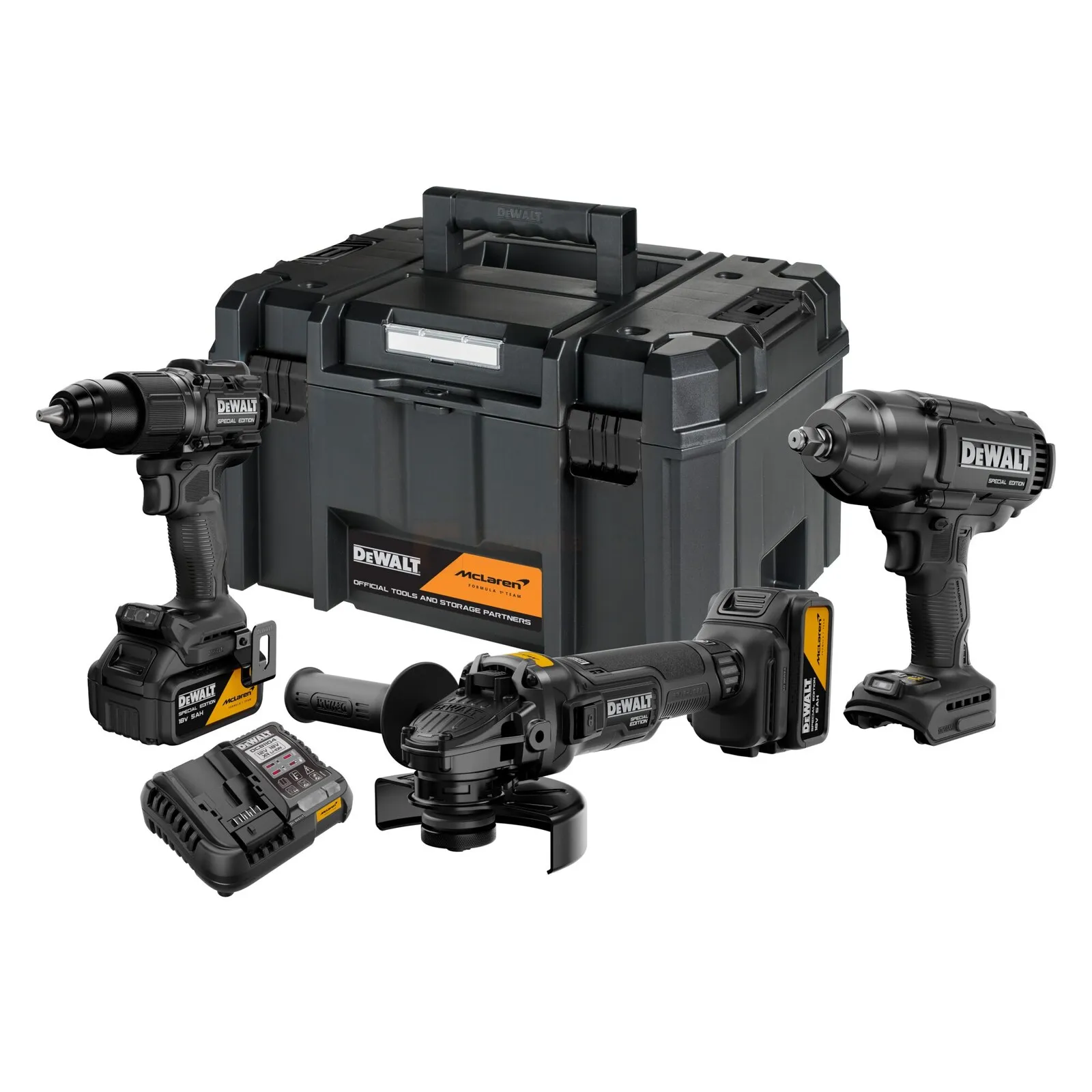 Pildil on näha DeWalt DCK3222MP2T McLaren F1 Team Special Edition combokit, mis sisaldab akutrelli, nurklihvijat ja...