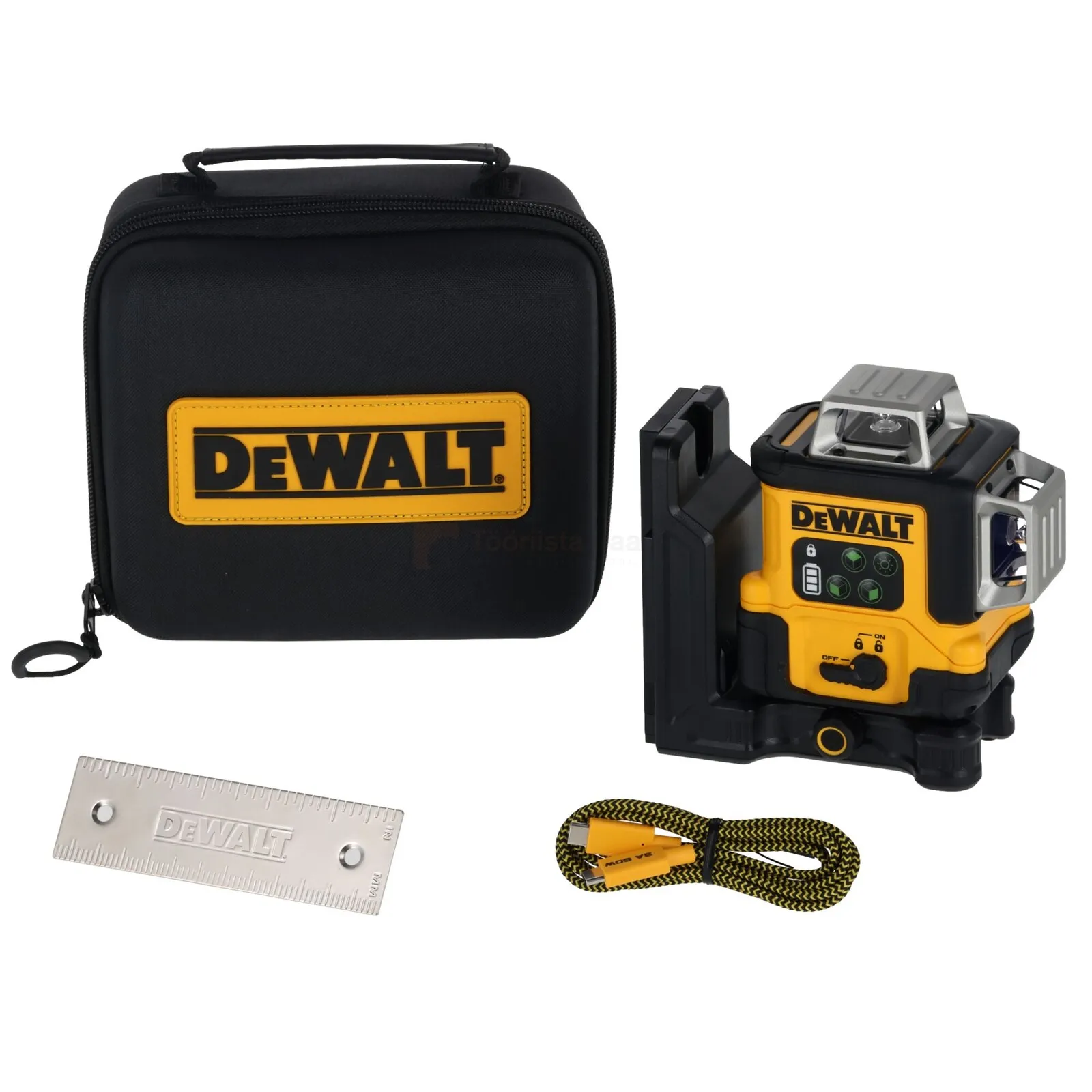 Pildil on näha DeWalt ristlaser DCLE14361GB, selle hoiukott, sihtmärk ja laadimiskaabel.