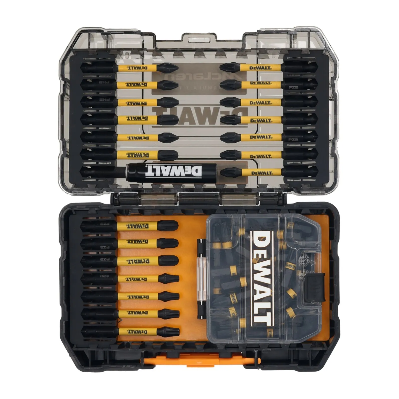 Pildil on näha DeWalt löökotsakute komplekt FLEXTORQ McLaren F1 Team Special Edition, milles on 51 osa.