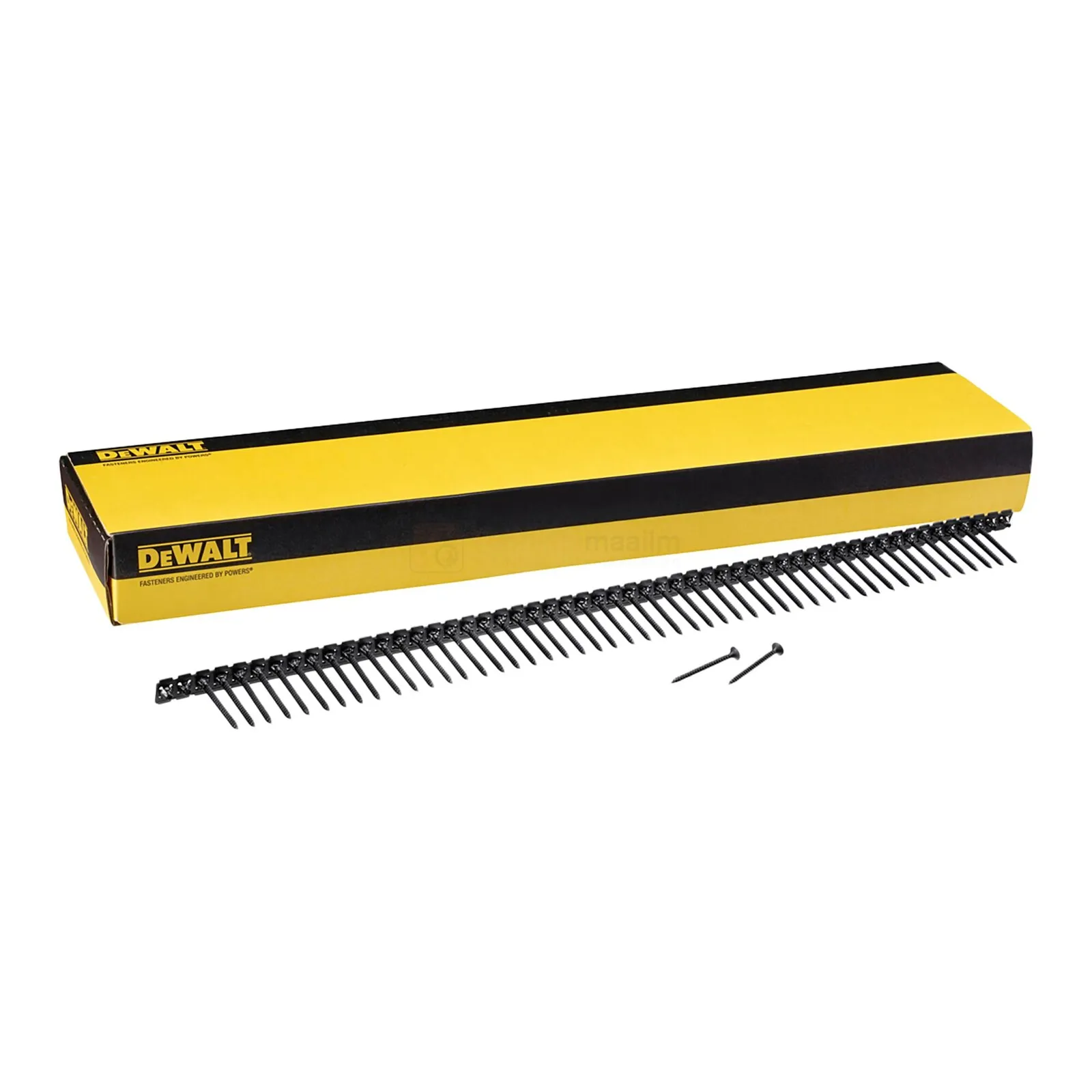 Pildil on näha DeWalt kipsikruvide lint 3,5 mm puidule, mis on pakitud kollasesse karpi, ning kaks üksikut kruvi.