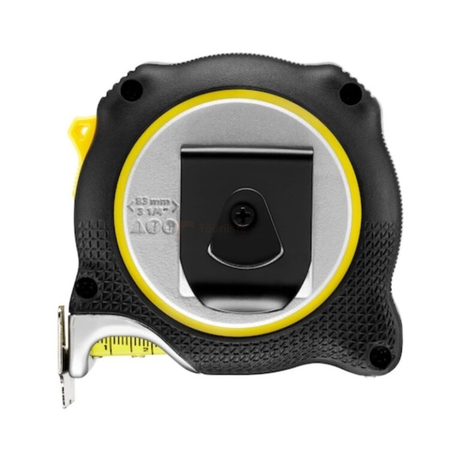 Pildil on musta ja kollase värviga Stanley FATMAX mõõdulint laiusega 32 mm, millel on näha vööklamber ja mõõdulindi ots.