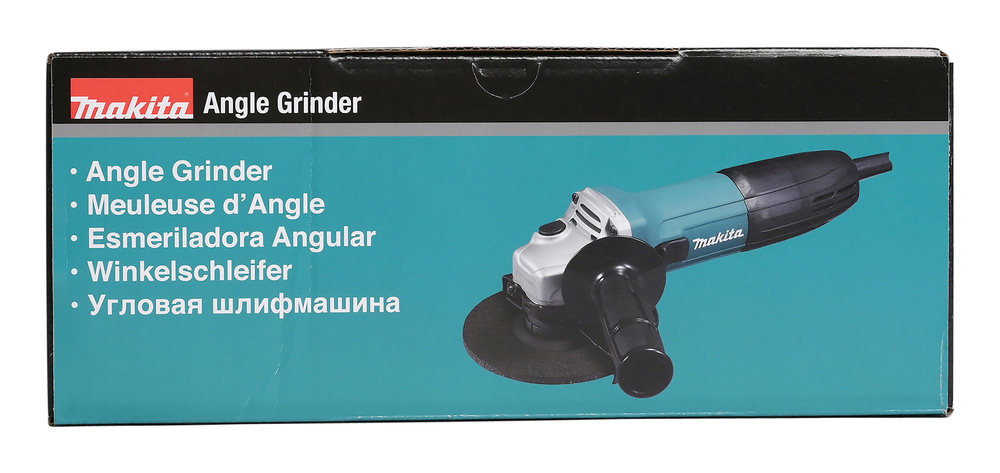 Pildil on Makita nurklihvija GA5030R pakend, millel on näha toote pilt ja nimetused mitmes keeles.