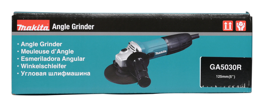 Pildil on Makita nurklihvija GA5030R pakend, millel on näha toote nimi, mudel, tootja logo ja toote tüüp.