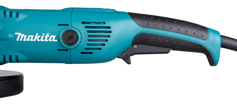 Pildil on detailne vaade Makita nurklihvija GA6021CF01 küljest, nähtavad on korpus, käepide ja lüliti.