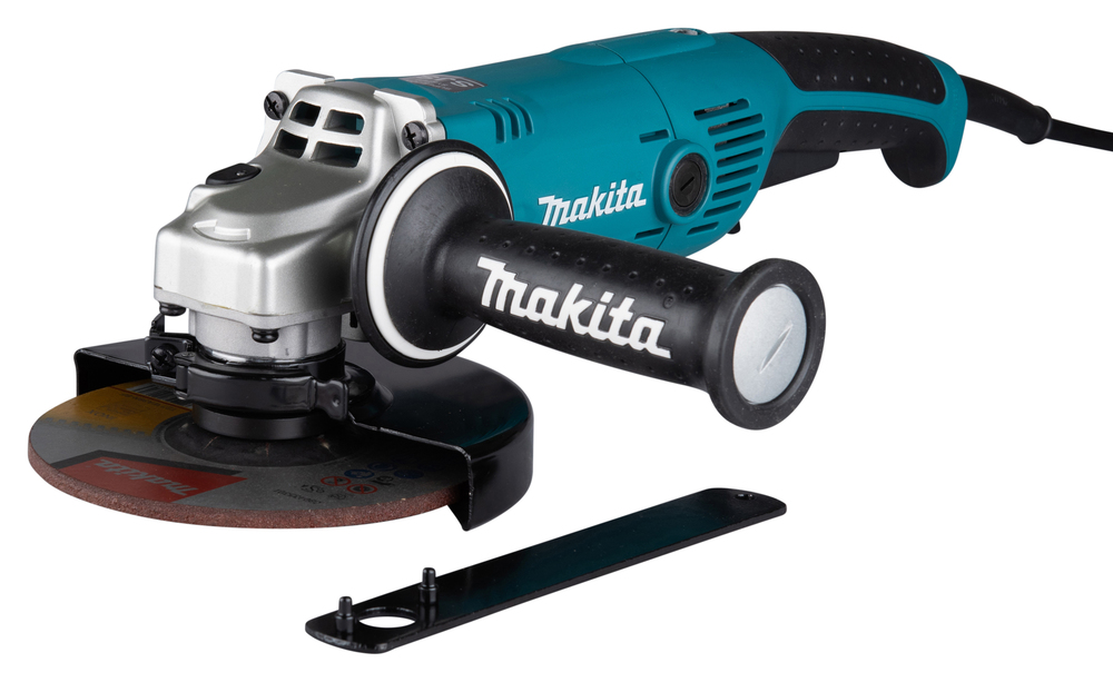 Pildil on Makita nurklihvija GA6021CF01 koos teraga, külgkäepidemega ja mutrivõtmega.