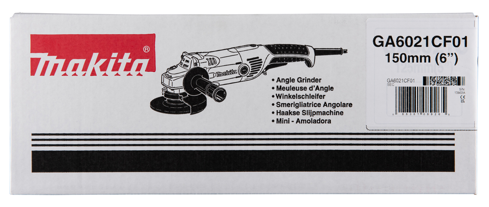 Pildil on Makita nurklihvija GA6021CF01 pakend, millel on näha toote joonis, toote kirjeldus ja tehnilised andmed.