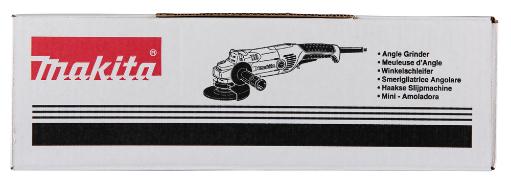 Pildil on Makita nurklihvija karp, millel on logo, toote pilt ja selle nimi mitmes keeles.
