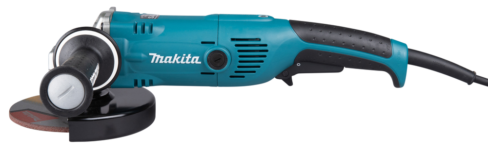 Pildil on Makita nurklihvija GA6021CF01, mida näidatakse küljelt vaadatuna, koos käepidemega, kettaga ja toitejuhtmega.