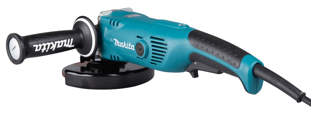 Pildil on Makita nurklihvija GA6021CF01, mis on värvilt türkiis ja must, ning näha on ka selle lisakäepidet ja toitejuhet.