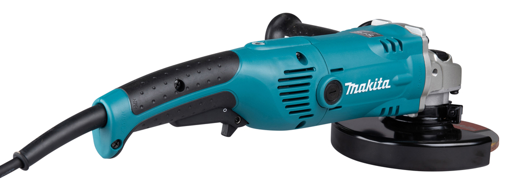 Pildil on sinakasroheline Makita nurklihvija mudel GA6021CF01, mis on asetatud valgele taustale, näidates toodet eri...