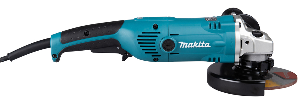 Pildil on Makita nurklihvija GA6021CF01, mida näidatakse küljelt, sealhulgas ketas ja käepide.