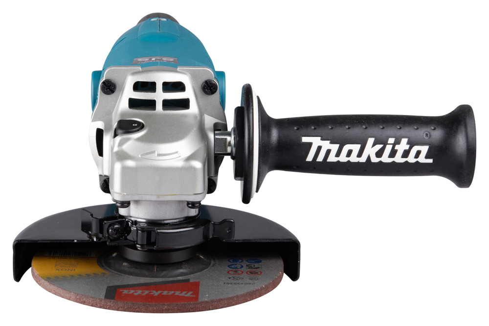 Pildil on Makita nurklihvija GA6021CF01, millel on küljele kinnitatud lisakäepide ja lihvketas.