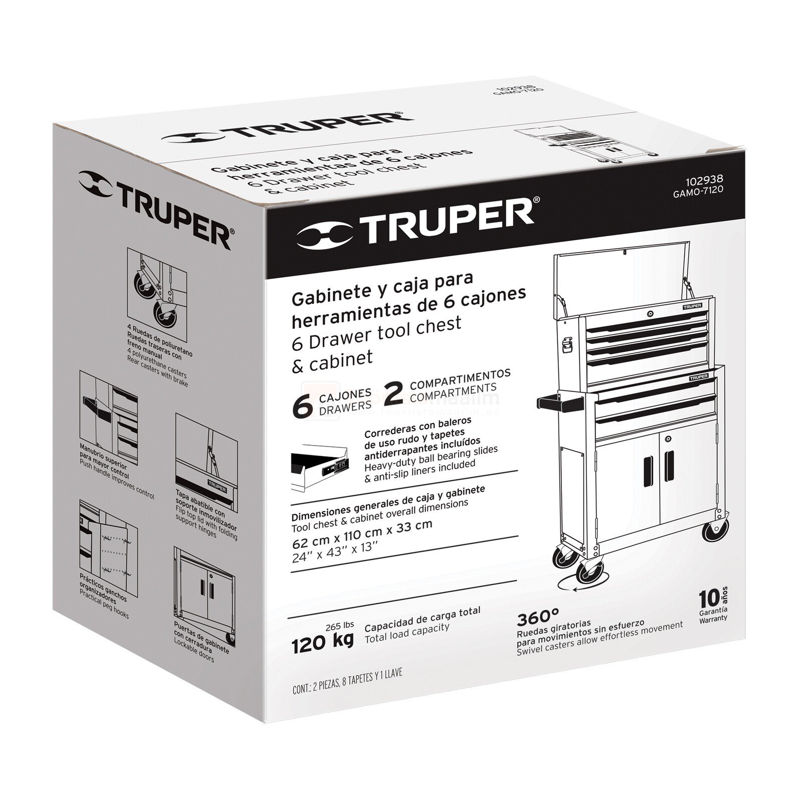 Pildil on Truper tööriistakäru karp, millel on kujutatud 6 sahtliga tööriistakäru ja kapp.