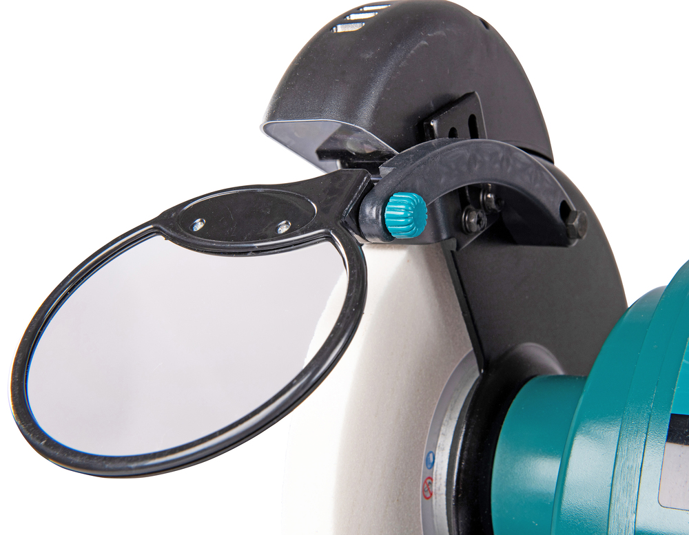 Pildil on Makita GB801 elektrikäia, mis on varustatud kaitsekilbiga, mis kaitseb kasutaja silmi.