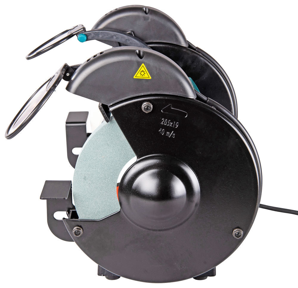 Pildil on Makita GB801 elektrikäi, millel on kaks lihvimisketast kaitsekestega ja kaitseprillid.