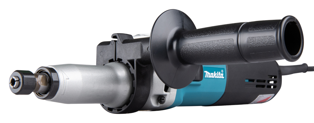 Pildil on Makita otslihvija GD0810C, mida näidatakse valgel taustal, koos selle halli otsa, musta käepideme ja sinise...