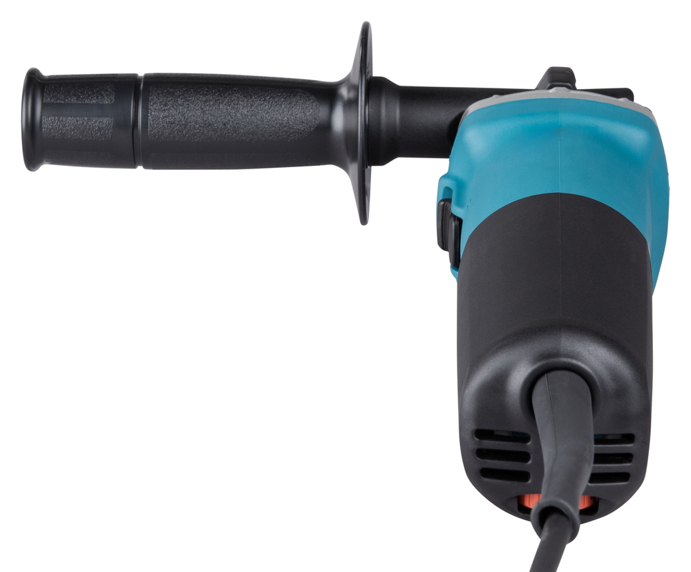 Pildil on Makita otslihvija GD0810C, mida on näha külje pealt, sealhulgas mustad käepidemed ja sinine korpus.