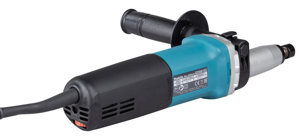 Pildil on Makita otslihvija GD0810C, millel on sinine korpus, mustad käepidemed ja must korpus, samuti on näha toote...