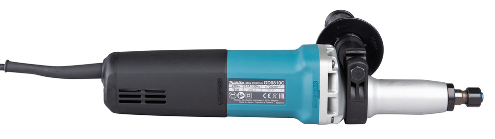 Pildil on Makita otslihvija GD0810C, millel on sinine korpus, mustad detailid ja küljel lisakäepide.