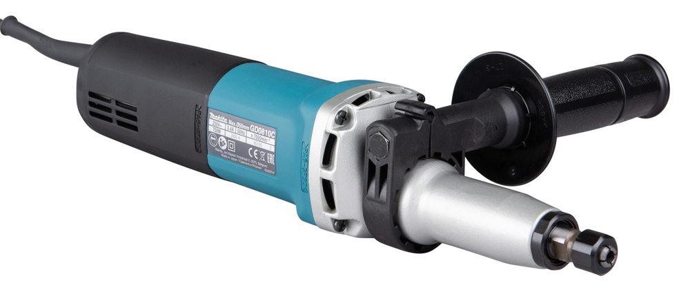 Pildil on Makita otslihvija GD0810C, millel on küljel kinnitatud käepide ja kaabel.