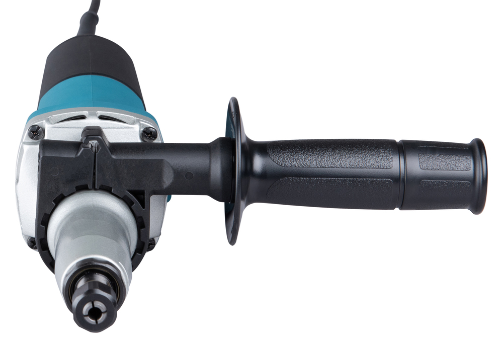 Pildil on Makita otslihvija GD0810C, näha on tööriista korpus, käepide ja otsak.