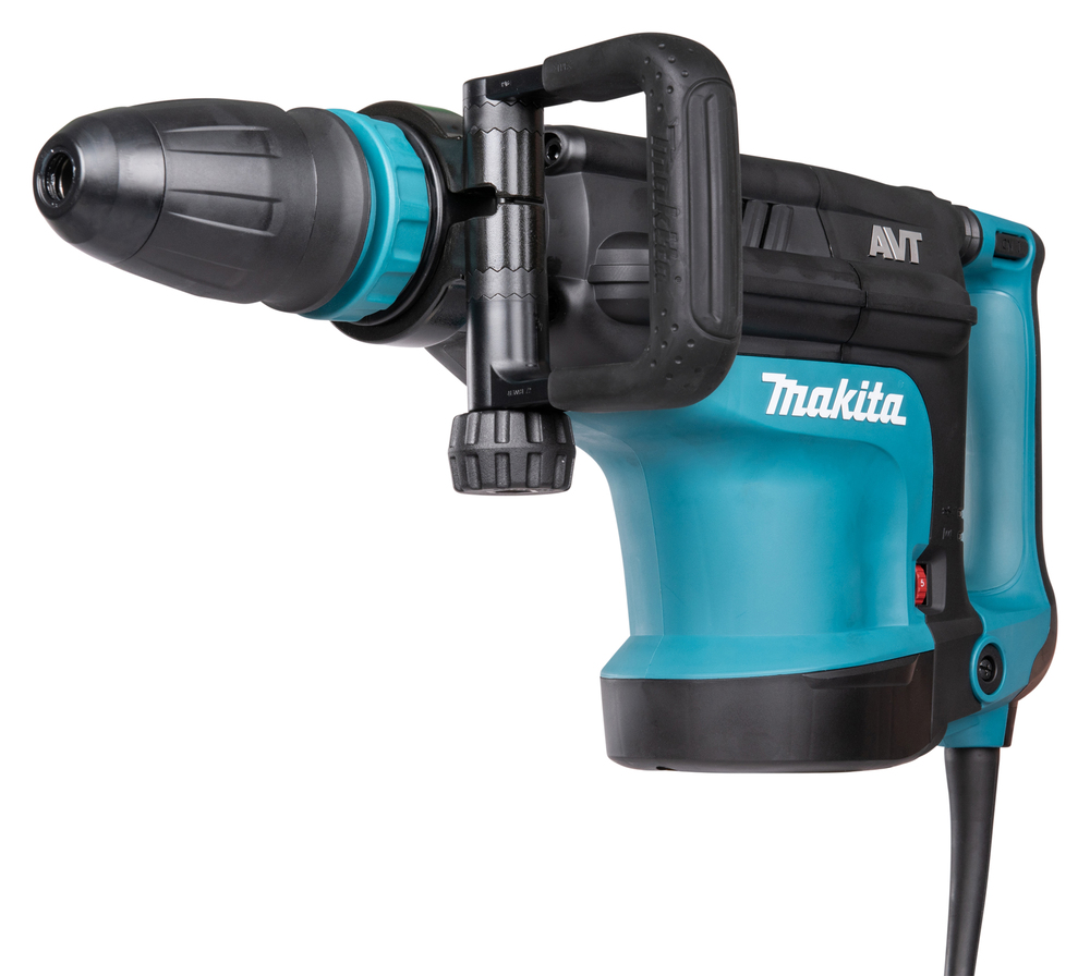 Pildil on Makita piikvasar HM1213C SDS-MAX, millel on musta ja türkiissinise värviga korpus ja lisakäepide.