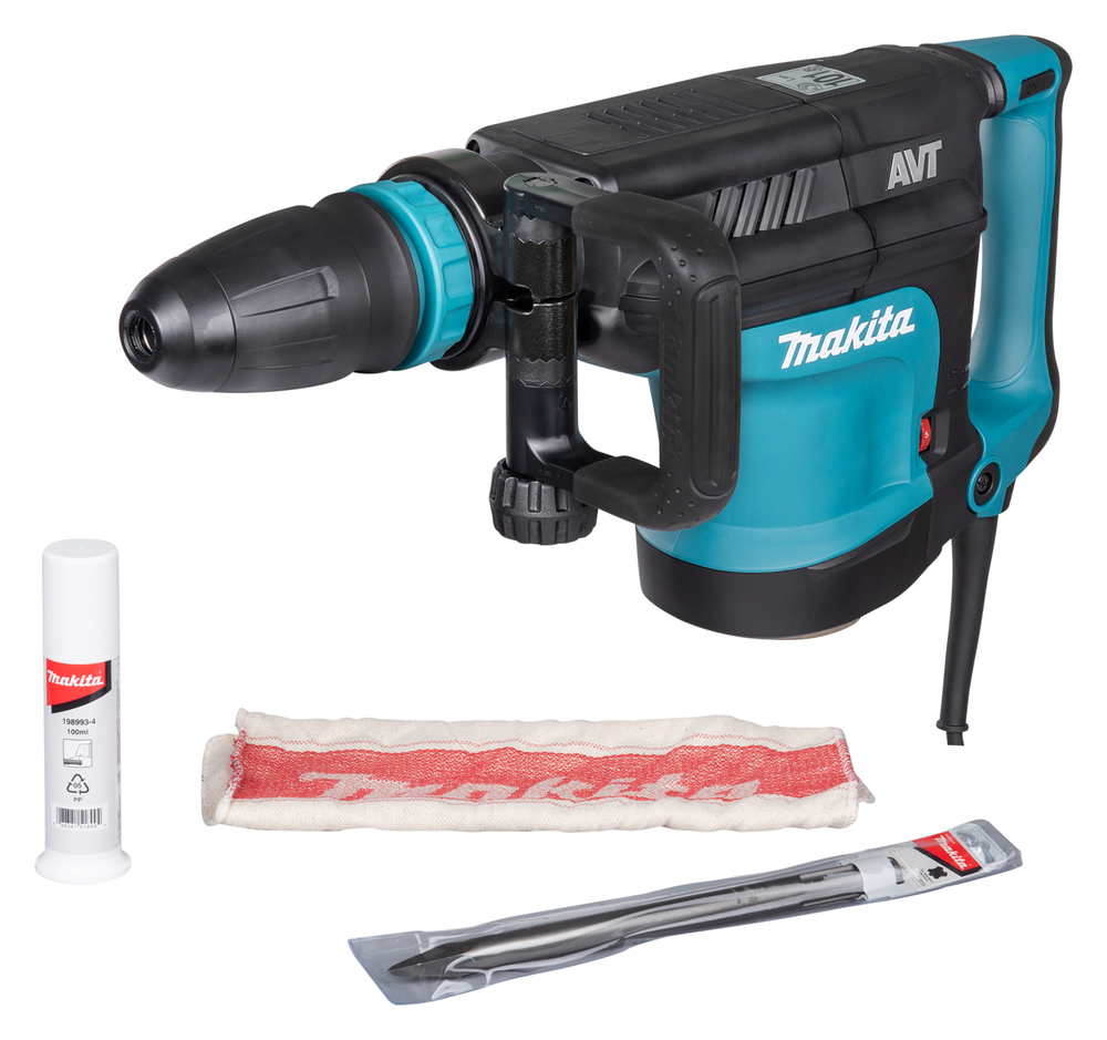 Pildil on Makita piikvasar HM1213C SDS-MAX koos lisatarvikutega nagu määrdeaine, riie ja piik.