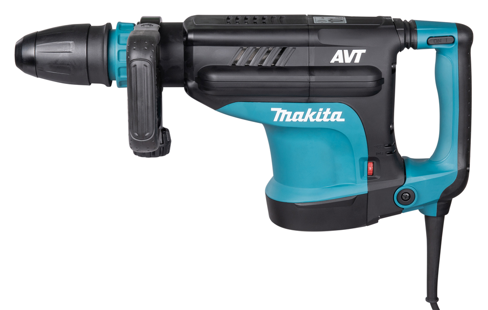 Pildil on Makita HM1213C SDS-MAX piikvasar, millel on musta ja türkiissinise värviga korpus, lisakäepide ja päästik.