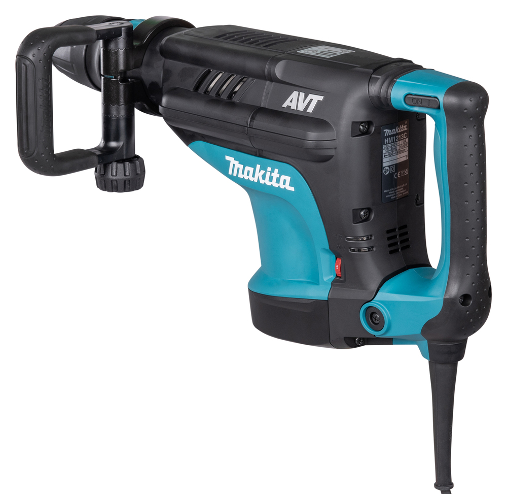 Pildil on Makita piikvasar HM1213C SDS-MAX, millel on mustad ja helesinised detailid ning lisakäepide.