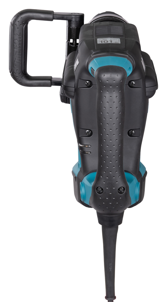 Pildil on musta ja türkiissinise värvi Makita piikvasar HM1213C SDS-MAX, millel on küljel lisakäepide ja peamine käepide...