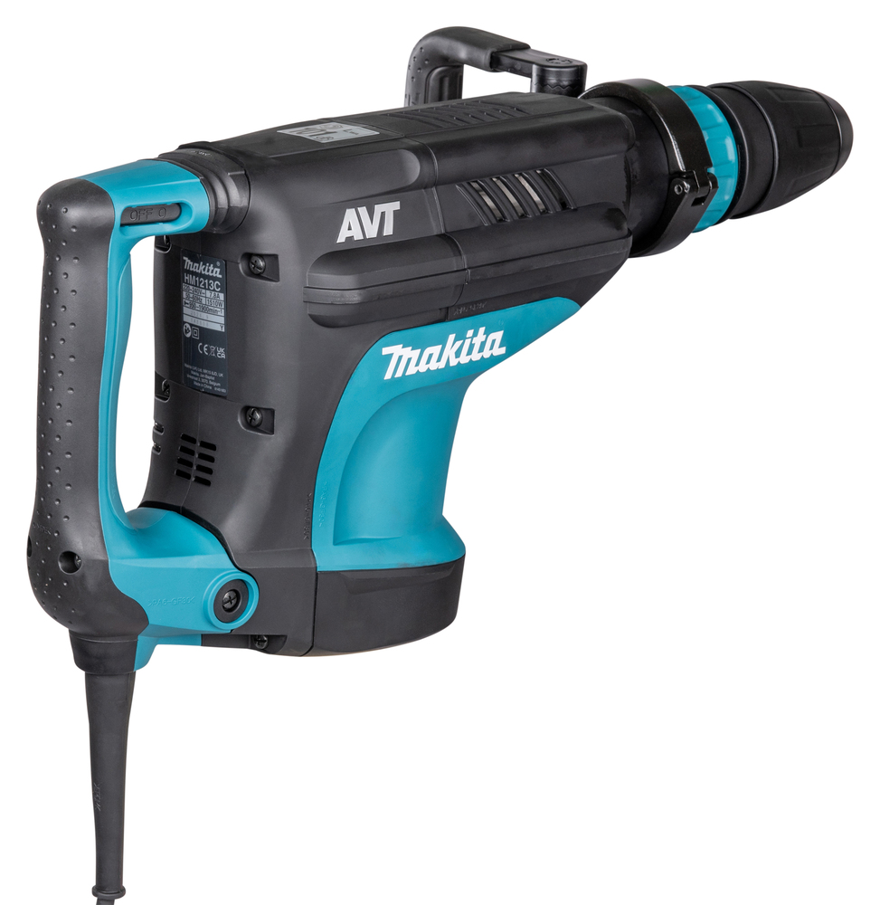 Pildil on Makita piikvasar HM1213C SDS-MAX, millel on must ja türkiissinine korpus ning millega on kaasas pikem tööriist.