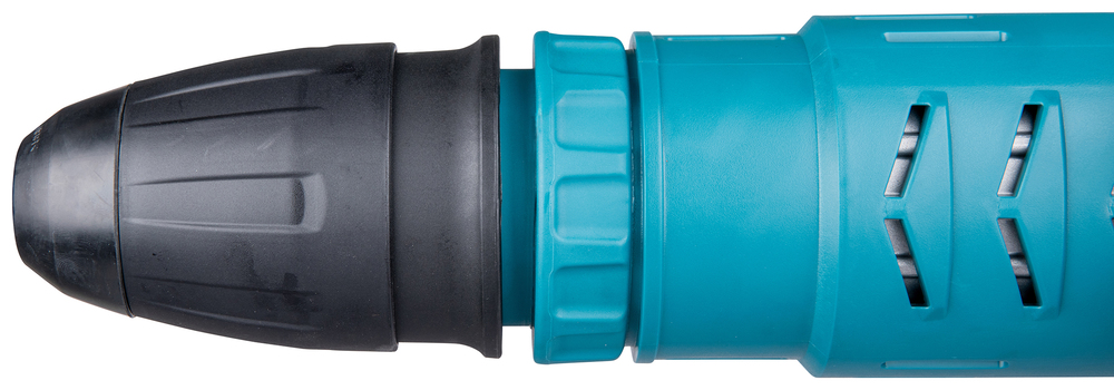 Pildil on Makita piikvasara HM1214C ots, kus on näha musta otsikuga puuri ja sinise korpusega tööriista detailid.