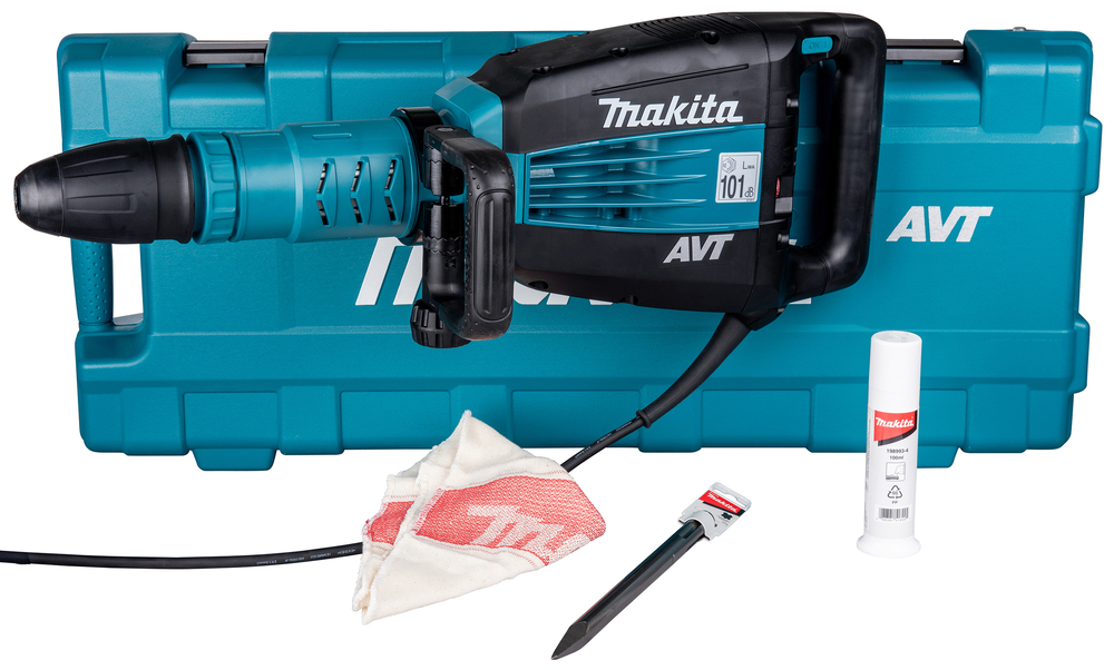 Pildil on Makita piikvasar HM1214C koos kohvri, lisatarvikute ja määrdeainega.