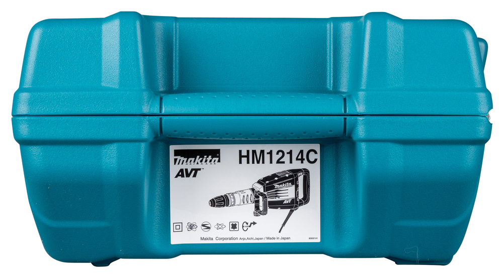 Pildil on sinine Makita piikvasar HM1214C kohver, millel on Makita logo ja mudeli number.