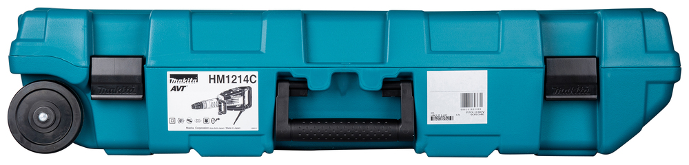 Pildil on sinine Makita piikvasar HM1214C kohver, millel on rattad ja käepide.