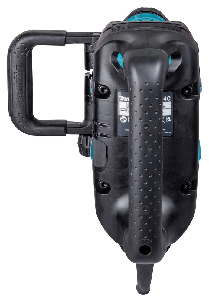 Pildil on musta värvi Makita piikvasar HM1214C, millel on kaks käepidet, üks küljel ja teine taga.