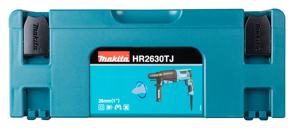 Pildil on sinine Makita HR2630TJ puurvasara karp koos puurvasara pildiga.