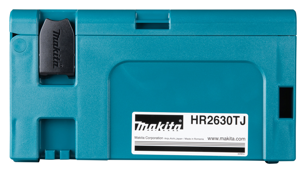 Pildil on sinine Makita puurvasara HR2630TJ kohver, millel on Makita logo ja mudeli nimi.